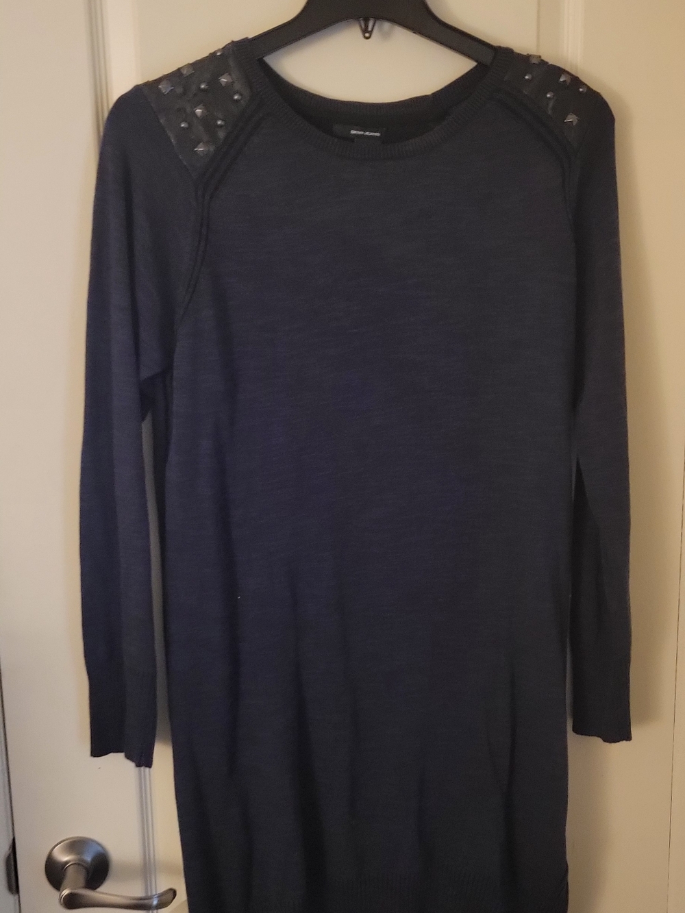 DKNY Navy Crewneck Sweater with Studded Shoulders